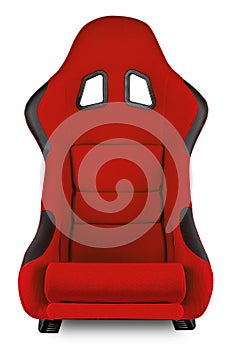 Red black carbon fiber race car bucket seat isolated white background. Motorsport, Sim racing, and tuning concept