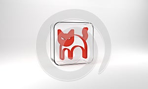 Red Black cat icon isolated on grey background. Happy Halloween party. Glass square button. 3d illustration 3D render