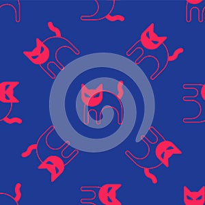 Red Black cat icon isolated seamless pattern on blue background. Happy Halloween party. Vector