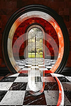 Red and black checkered floor with archway. Generative AI