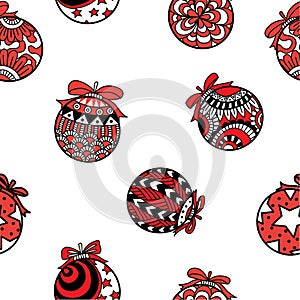 Red and black Christmas balls seamless pattern on white background.