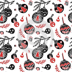 Red and black Christmas decorations Seamless vector pattern. Christmas tree, twigs, snowflakes. Hand-drawn linocut illustration