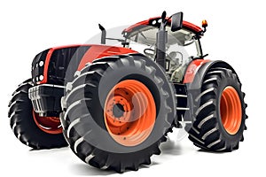 red and black colored contemporary argicultural tractor with orange wheel rims isolated on white background, neural