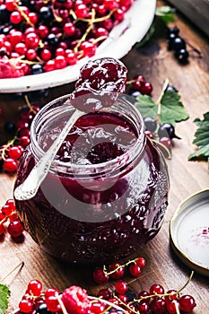 Red and black currants. red currant jam with fresh berry