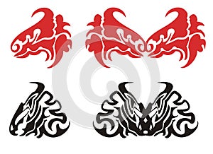 Red and black dragon head. Dragons heads butterflies
