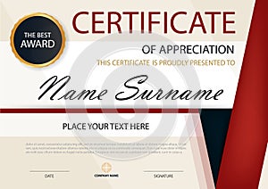 Red black Elegance horizontal certificate with Vector illustration , white frame certificate template with clean and modern patter