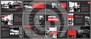 Red and black element for slide infographic on background. Prese