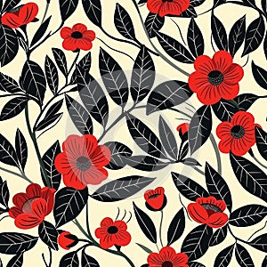 Red and Black endless floral pattern with creamy white background in 1920s style. Created with AI