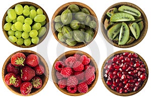 Red and black food. Berries and fruits isolated on white background. Collage of different fruits and berries at green and red colo