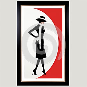 a red and black framed art print of a woman in a hat