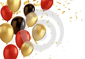 Red, black and gold balloons and golden confetti. Vector glossy realistic baloon on transparent background