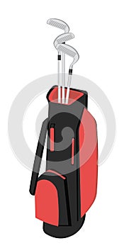 Red and black golf bag with clubs on white background. Golfer sports equipment vector Illustration. Golf equipment.