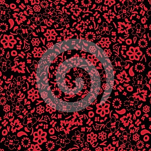 Red on black hand drawn random flower and leaf seamless repeat pattern background