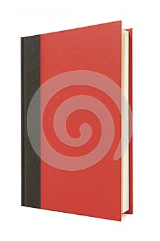 Red and black hardback book standing upright, vertical, front view, isolated on white background, copy space photo