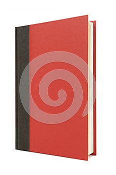 Red and black hardback book standing upright, vertical, front view, isolated on white background, copy space