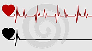 Red and black heart with palpitation. Red heartbeat, line of life and black heartbeat, line of death photo