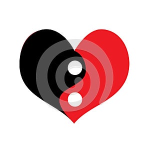 Red and black heart in yin-yang style for valentines design, cards about love, wedding