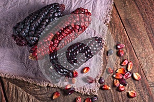 Red and black heirloom corn cobs from Ecuador