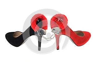 Red and black high heel stiletto shoes with furry handcuffs