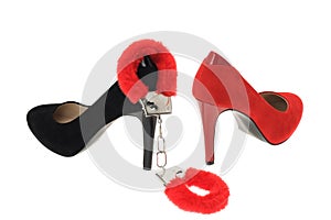 Red and black high heel stiletto shoes with furry handcuffs