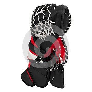 Red and black ice hockey goalie catch glove isolated on white background