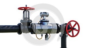 Red and black industrial valves on metal pipeline