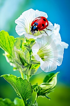 A ladybug sitting on top of a white flower