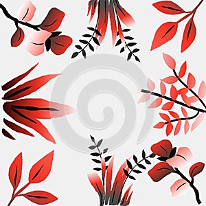 red and black leaves and branches for halloween frame, a set of flora elements