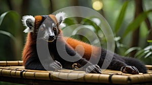 Relaxing Red Ruffed Lemur on Bamboo