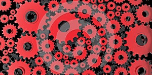 Red and black mechanical 3D manufacturing, metal gears cog cogs black background