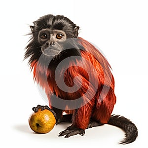 Red And Black Monkey With Fruit On White Background