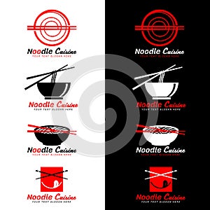 Red and black Noodle cuisine logo with chopsticks and Noodle Soup vector design
