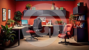 A red and black office, with two chairs and a desk