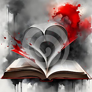 Red and black open book with pages in the shape of a heart