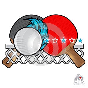 Red and black ping pong rackets and ball with wind trail and net on white. Sport logo for any team