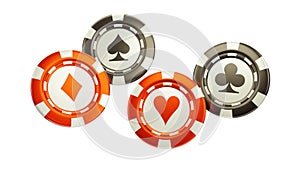 Red and black poker gaming chips tokens coins with playing cards symbols, hearts, spades, clubs, diamonds. 3d illustration