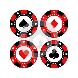 Red and black poker gaming chips vector set. Casino tokens coins.