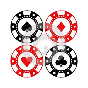 Red and black poker gaming chips vector set. Casino tokens coins.