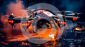 Red and black remote controlled flying over body of water with fire in the background. Generative AI