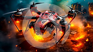 Red and black remote controlled helicopter flying over fire filled field with building in the background. Generative AI