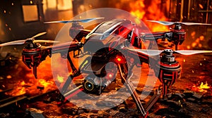 Red and black remote controlled helicopter on rocky ground with flames in the background. Generative AI