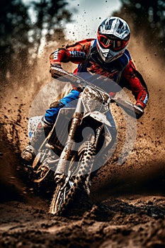 A red and black rider riding a dirt bike through mud, dirt, and gravel