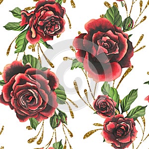 Red-black rose flowers with green leaves and buds, golden branches chic, bright, beautiful. Hand drawn watercolor