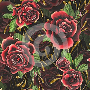 Red-black rose flowers with green leaves and buds, golden branches chic, bright, beautiful. Hand drawn watercolor