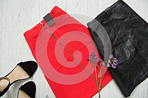 Red and black skirts, shoes and wild flowers. Fashionable concept