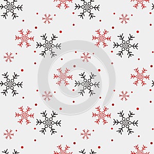 Red and black Snowflake seamless pattern. Snow on white background. Abstract wallpaper, wrapping decoration. Symbol winter, Merry