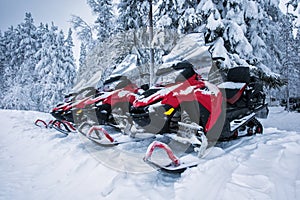Red and black snowmobiles near forest in winter