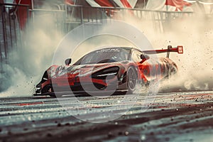 A red and black sports car emits smoke, capturing the action and intensity of its performance, A sports car victorious, spinning