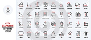 Red black thin line city building, infrastructure and facility trendy icons set residential area