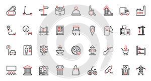 Red black thin line city building, infrastructure and facility trendy icons set residential area